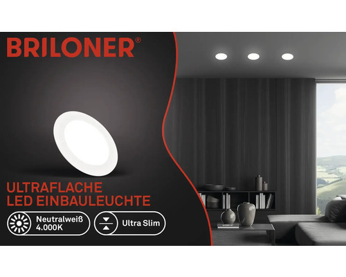 Logo Briloner. Spot encastrable LED ultraplat dans un espace de vie avec une lumière blanche neutre.