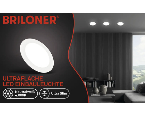 Briloner Logo. Ultraflache LED Einbauleuchte mit neutralweissem Licht in einem Wohnraum.