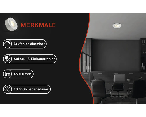Szene mit einem stufenlos dimmbaren Einbaustrahler mit 450 Lumen und 20.000 Stunden Lebensdauer.