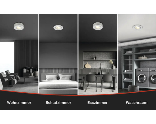 Anwendungsbeispiele für Einbaustrahler in Wohnzimmer, Schlafzimmer, Esszimmer und Waschraum