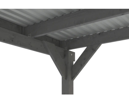Detailansicht eines grauen Holzpavillons mit Metallbedachung