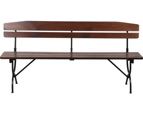 Holzbank mit Rückenlehne und Metallgestell