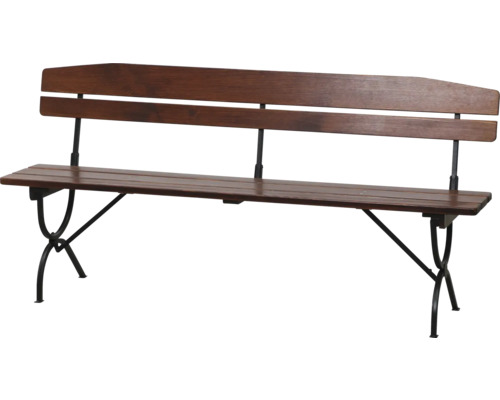 Holzbank mit Rückenlehne und Metallgestell für den Aussenbereich