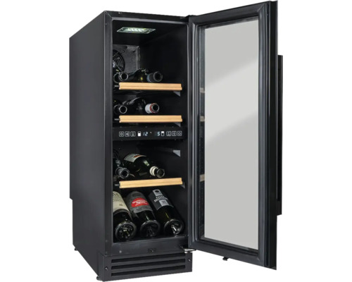 Cave à vin avec façade en verre et plusieurs bouteilles de vin