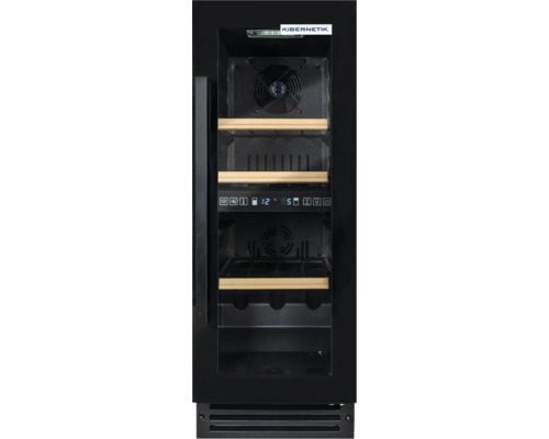 Logo Kibernetik. Cave à vin avec affichage numérique de la température et étagères