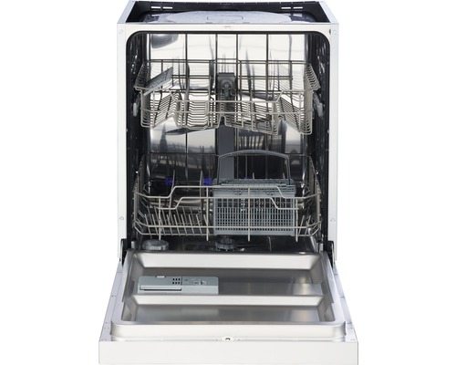 Intérieur d''un lave-vaisselle avec porte ouverte et paniers à vaisselle amovibles.