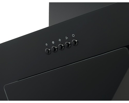 Vue détaillée d''une hotte aspirante avec commandes pour la lumière et les vitesses du ventilateur