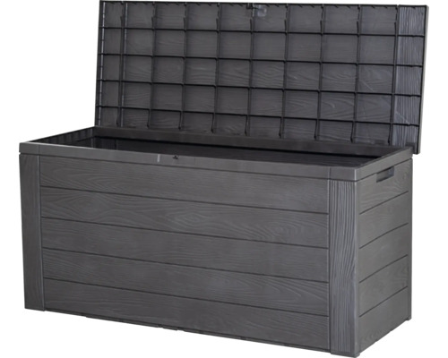 Geöffnete Aufbewahrungsbox mit Holzoptik für den Aussenbereich