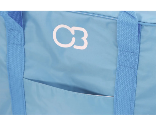 Detailansicht einer blauen Tasche mit Tragegriffen und Außentasche.