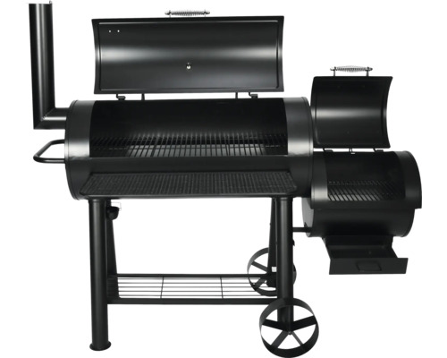 Schwarzer Smoker Grill mit Rädergestell und Ablagefläche