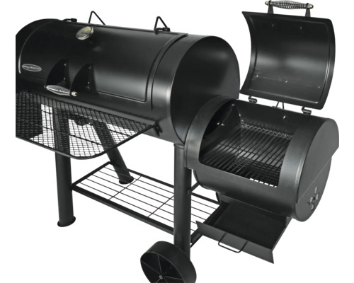 Schwarzer BBQ Smoker Grill mit Ablageflächen und Rädern