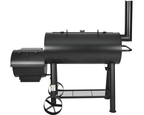 Schwarzer Smoker Grill mit Räucherkammer und Ablagefläche