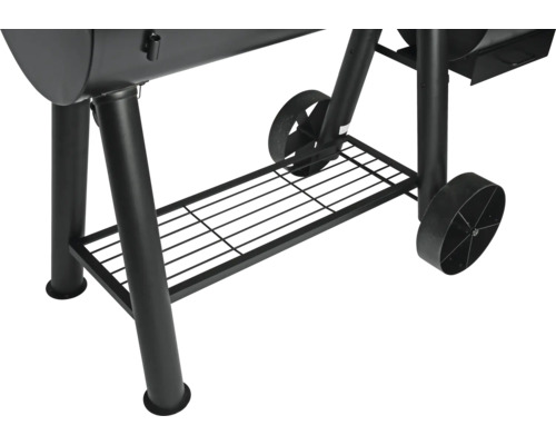 Detailansicht eines schwarzen Grillwagens mit Ablagefläche und Rädern