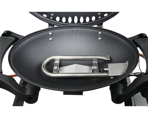 Detailansicht eines Kugelgrills mit geöffnetem Deckel und Edelstahlbrenner