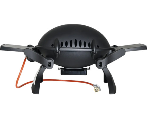 Schwarzer tragbarer Gasgrill mit Seitentischen.