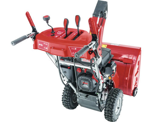 Rote Schneefräse mit Steuerungselementen und Reifen