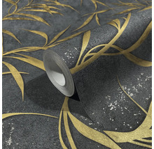 Rouleau de papier peint gris avec motif de feuilles dorées