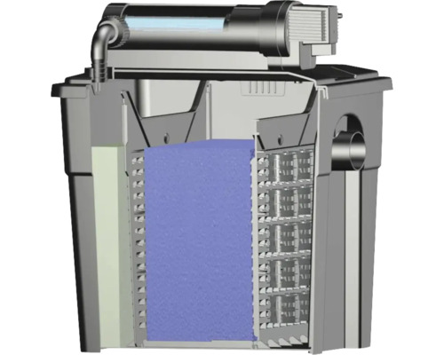 Coupe transversale d''un filtre de bassin avec lampe UV-C et masses filtrantes