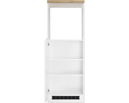 Élément d''étagère blanc avec trois compartiments et plateau en bois