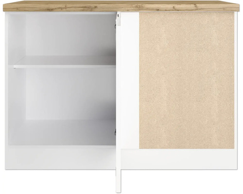 Meuble bas blanc avec plateau en bois et étagères