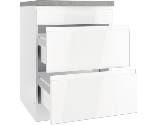 Meuble bas blanc avec trois tiroirs et un plan de travail gris.