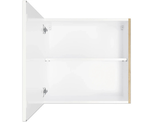 Vue intérieure d''un meuble de salle de bains ouvert avec étagère