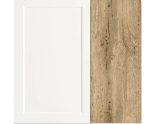 Küchenfront in Weiss und Holzmuster