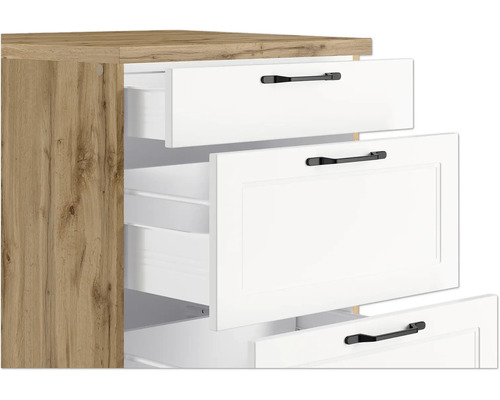 Kommode mit offenen Schubladen in Weiss und Holzoptik