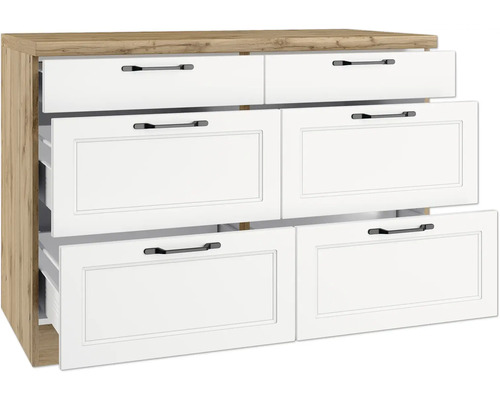 Commode avec six tiroirs, partiellement ouverts, cadre en bois