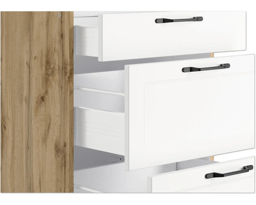 Vue détaillée d''une armoire avec des tiroirs blancs ouverts et des poignées noires