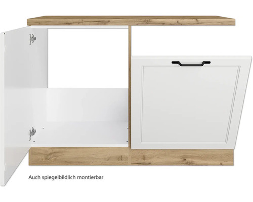 Küchenunterschrank mit einer offenen und einer geschlossenen Tür