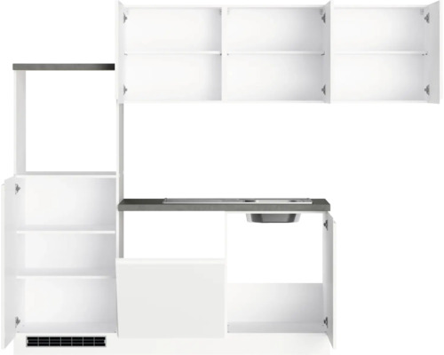 Cuisine linéaire avec évier et placards ouverts