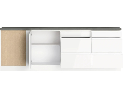 Meuble sous-lavabo avec tiroirs et compartiment avec porte ouverte