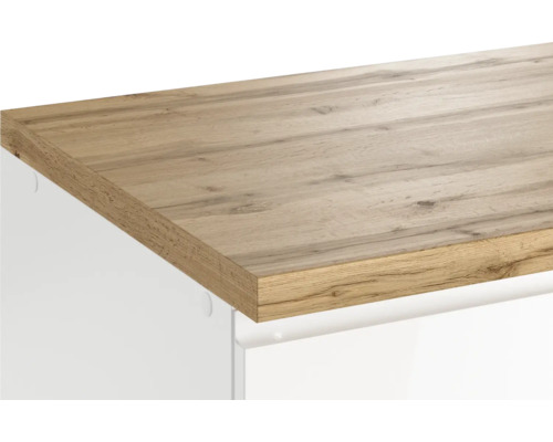 Vue détaillée d''un plan de travail avec décor bois sur une armoire blanche