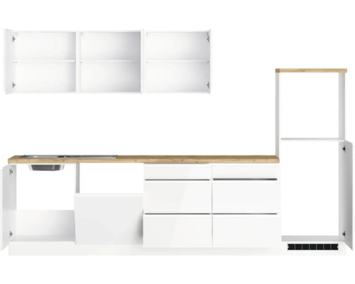 Cuisine équipée avec évier, tiroirs et placards