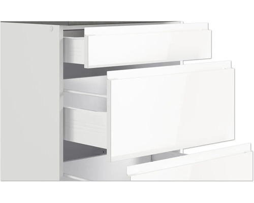 Meuble bas de salle de bain blanc avec tiroirs ouverts