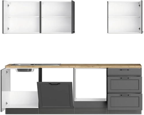 Cuisine équipée avec évier, tiroirs et placards hauts