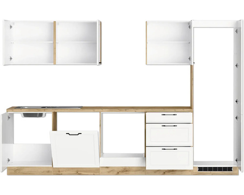 Cuisine équipée avec évier, tiroirs et armoires suspendues