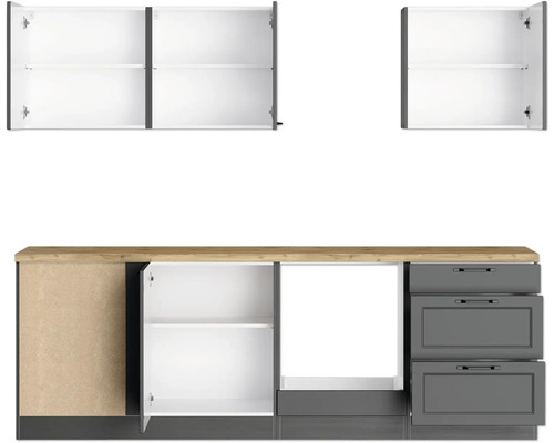 Cuisine équipée avec éléments hauts, éléments bas et tiroirs