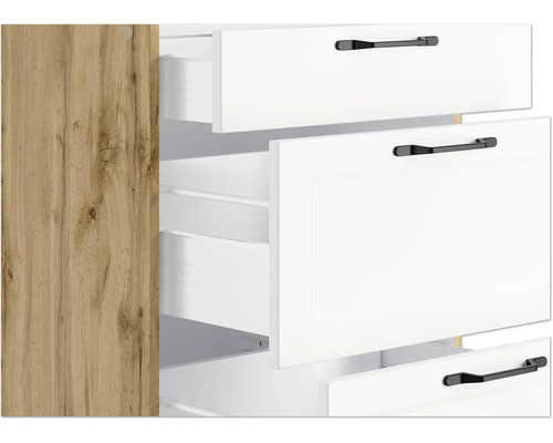 Vue détaillée d''une armoire avec des tiroirs blancs ouverts et des poignées