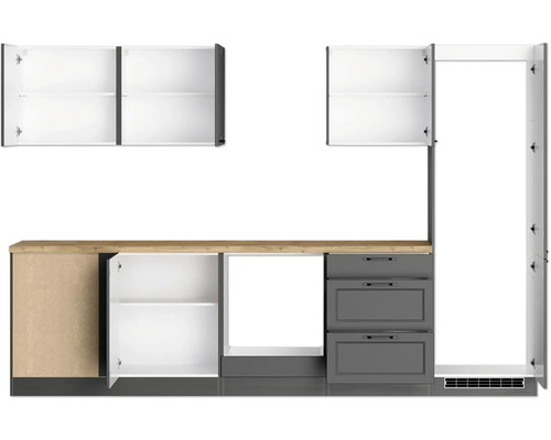 Cuisine linéaire avec armoires murales, meubles bas et tiroirs