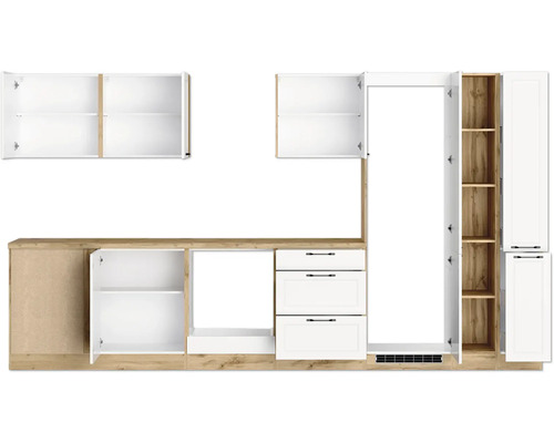 Cuisine équipée avec éléments bas et hauts aspect bois et blanc