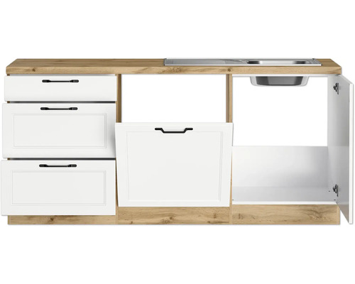 Cuisine équipée avec évier, tiroirs et armoire