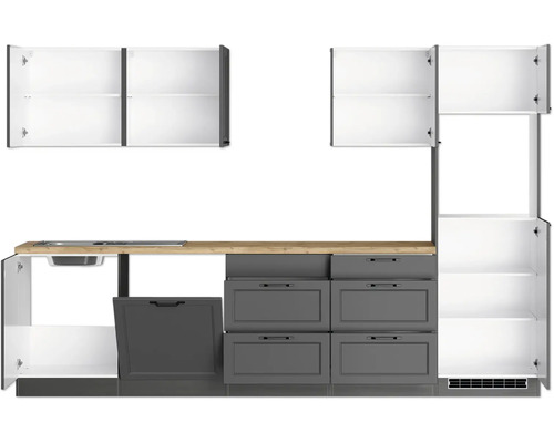 Cuisine équipée avec évier, tiroirs et armoires