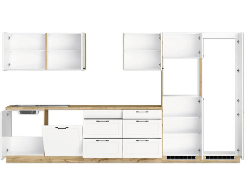 Cuisine linéaire avec évier, placards et tiroirs