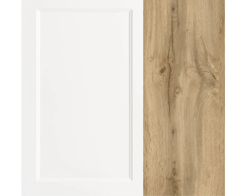 Küchenfront mit Holzdekor und weisser Front