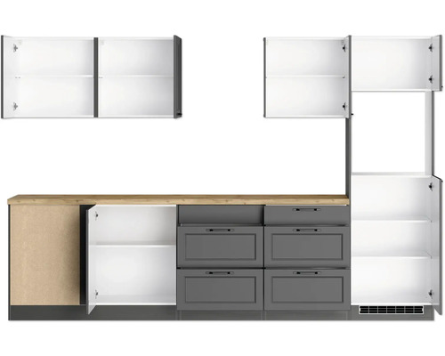 Cuisine linéaire avec tiroirs et compartiments de rangement ouverts