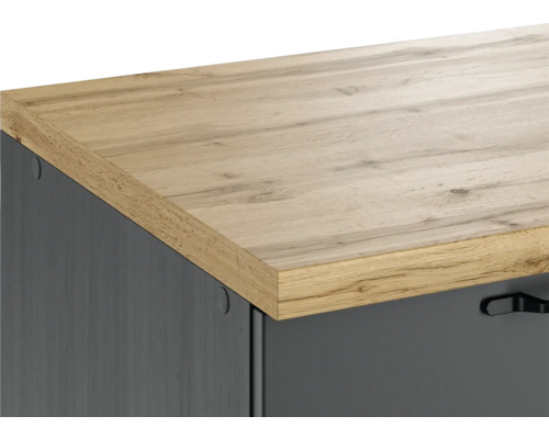 Vue détaillée d''un meuble avec plateau en bois et façade grise