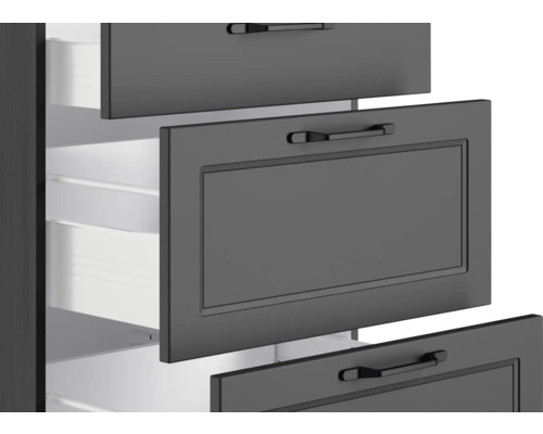 Vue détaillée d''un meuble à tiroirs gris avec des tiroirs partiellement ouverts