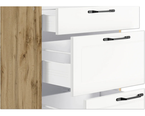 Armoire avec tiroirs blancs ouverts et poignées noires